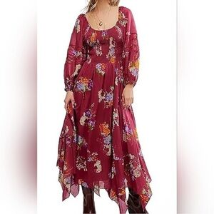 NWT Free People Earth Red Floral Smocked Long Sleeve Dress Size S